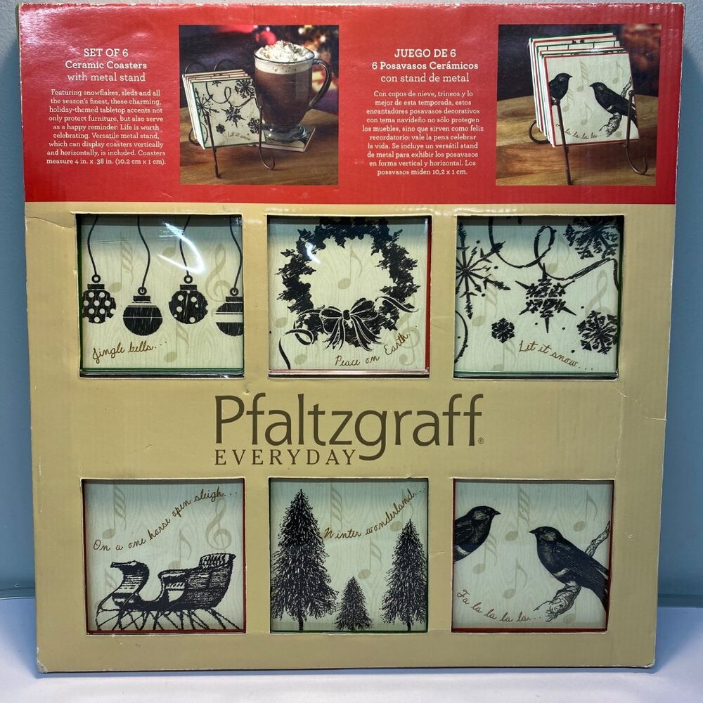 Pfaltzgraff Holiday Set Of 6 Ceramic Coasters With Metal Stand Christmas Winter